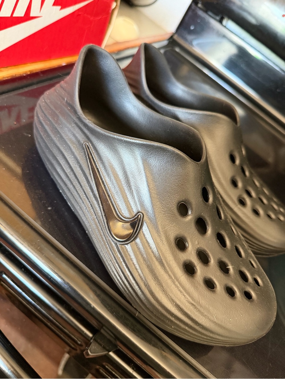 Nike Womens Reactx Black Slip-On Foam Clog with Perforated Upper